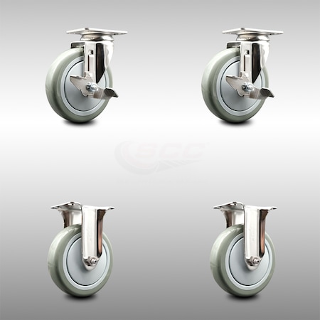 Service Caster 5 Inch 316SS Gray Polyurethane Swivel Top Plate Caster Brake 2 Rigid SCC, 2PK SCC-SS31620S514-PPUB-TLB-2-R-2